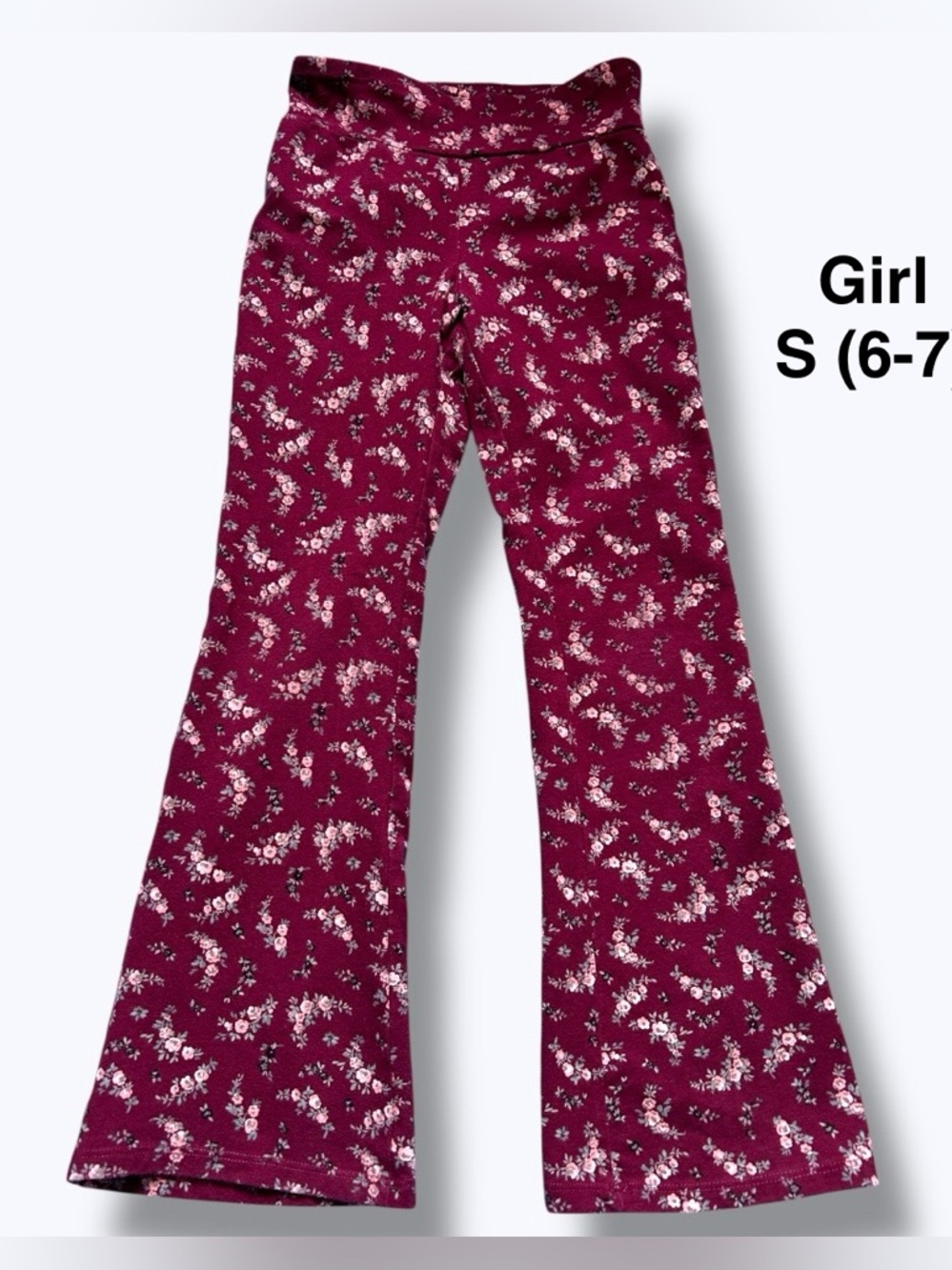 EUC, Gap Kids Burgundy Floral Print Flare Leggings Size S (6-7)